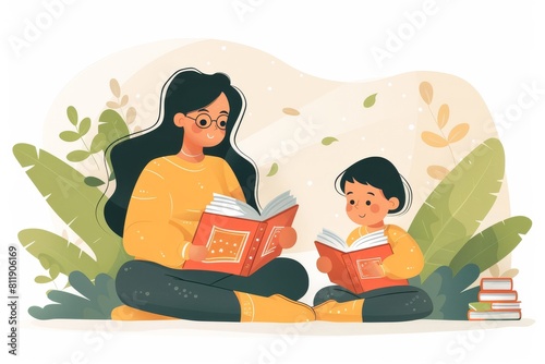 A woman is sitting with a child, holding a book and reading it out loud. The child is looking attentively at the book while the woman gestures and engages with the story