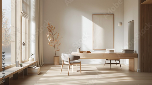 Minimalist Scandinavian Home Office with Abundant Natural Light and Sleek Design