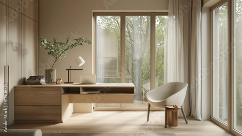 Minimalist Scandinavian Home Office with Abundant Natural Light and Sleek Design