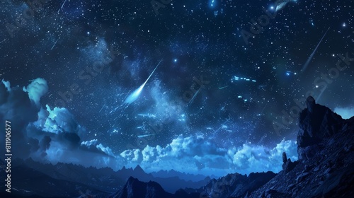Starry sky with meteors over serene landscape