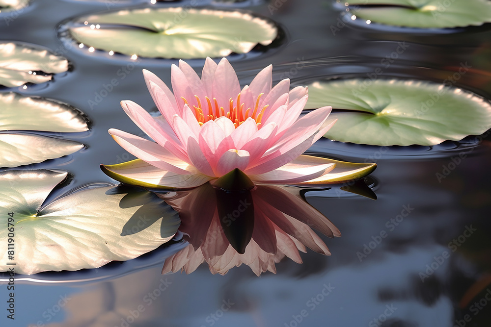 a pink water lily sits in a pond with lily pads in the background