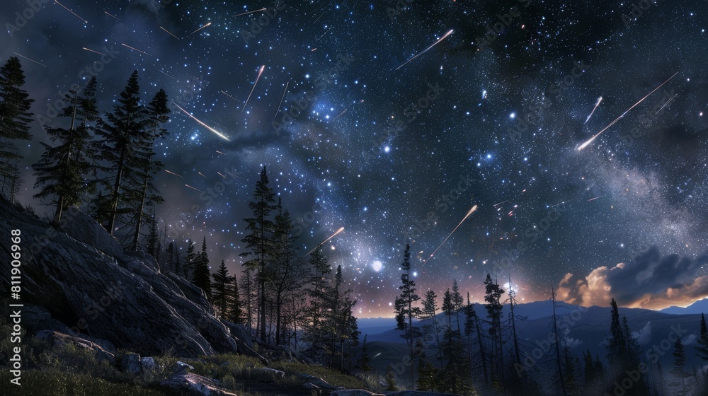 Starry sky with meteors over serene landscape Starry sky with meteors over serene landscape
