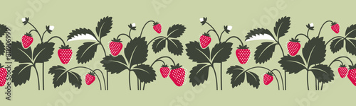 Decorative seamless pattern or border with strawberry plant illustration. Ripe sweet summer berry. Strawberry jam. Garden background.