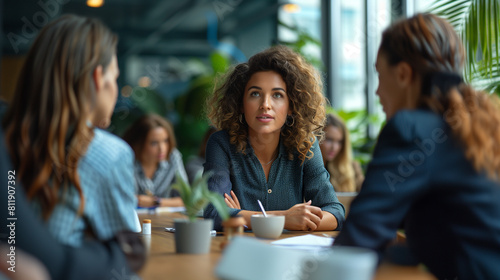 Confident young businesswoman engaging in a thoughtful discussion with colleagues in a modern, plant-filled office space.