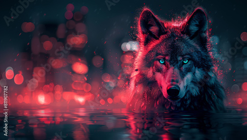 Stunning Symmetrical Wolf Head with Glowing Pink Eyes photo