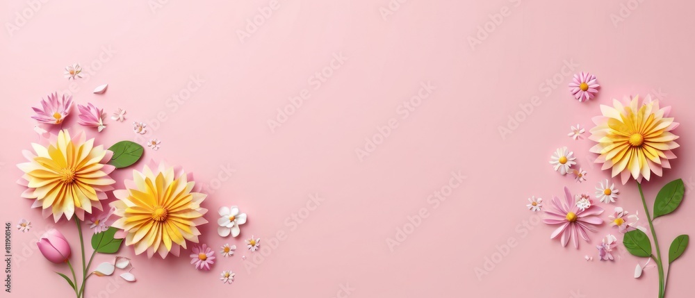 Spring flowers depicted on a flat background with space for text Spring flowers depicted on a flat background with space for text