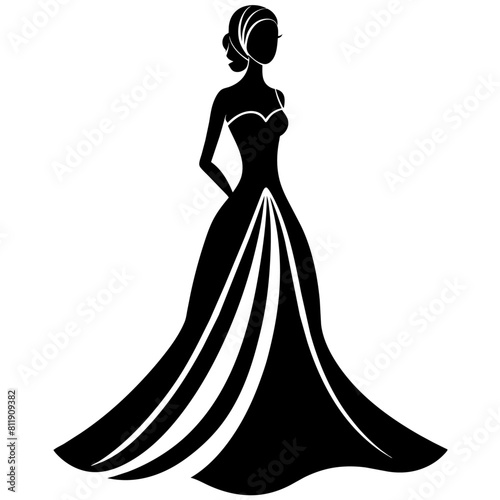 beautiful Bride with long dress  silhouette vector black silhouette, white background