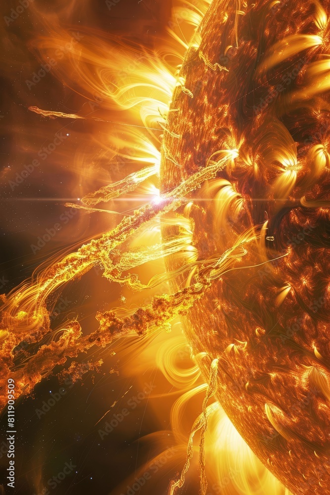 Naklejka premium Solar flare on the Sun, causes magnetic storms on Earth