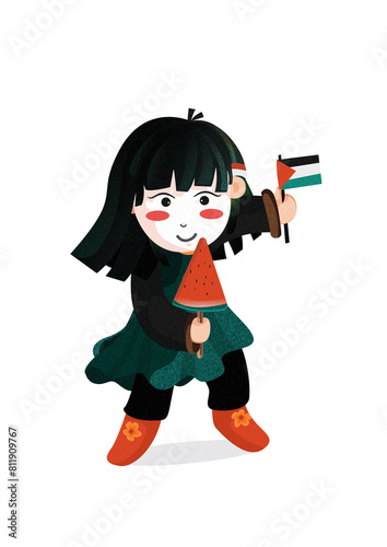 Illustration of a little girl with watermelon and her favorite flag (ID: 811909767)