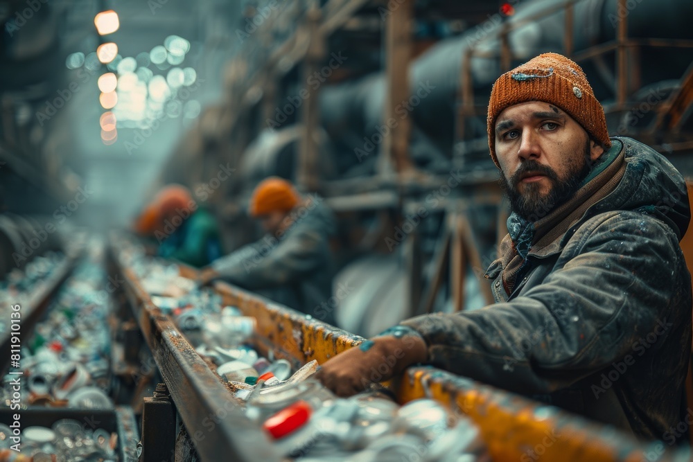 Man in Beanie by Conveyor Belt Man in Beanie by Conveyor Belt