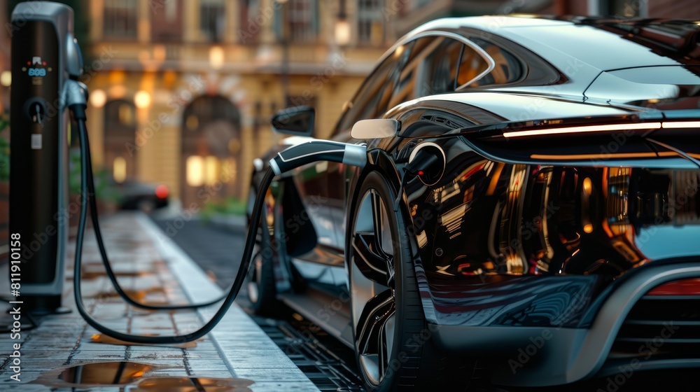 Luxury car electric car is charging. Close-up Luxury car electric car is charging. Close-up