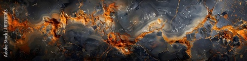 Dramatic Black Marble Textured Abstract Background with Fiery Fractal Patterns and Swirling Energy