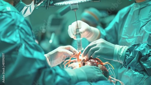 Surgeons, dressed in teal scrubs, are deeply focused as they perform a critical procedure. The glowing lights and the surgical instruments, particularly the syringe, accentuate the high stakes photo