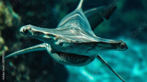 A great hammerhead shark swimming in the deep blue sea. photo