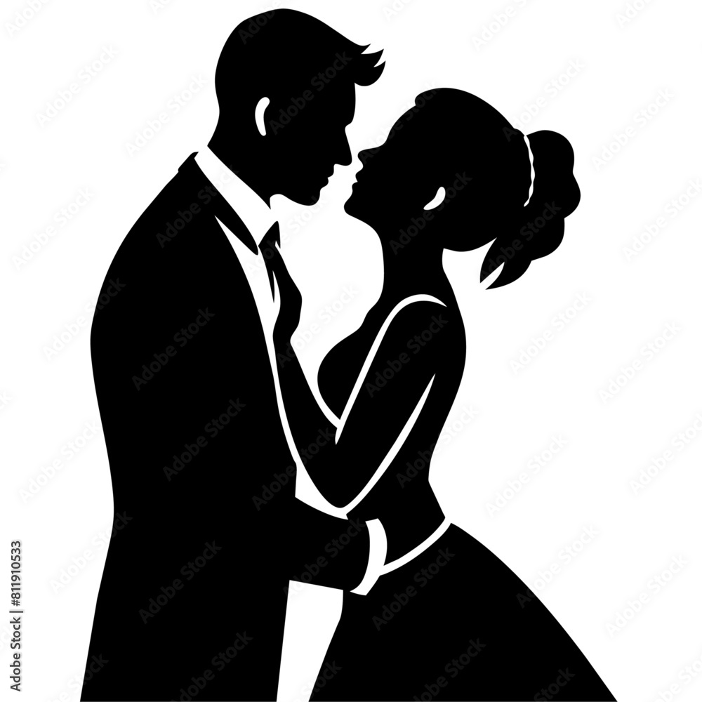 vector silhouette of a groom kissing the bride's forehead in a romantic dance position moment vector silhouette of a groom kissing the bride's forehead in a romantic dance position moment