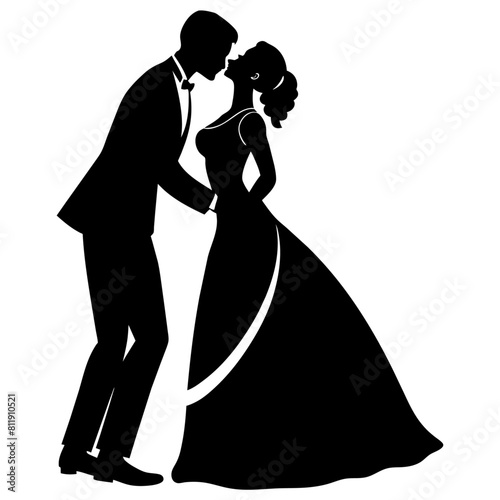 vector silhouette of a groom kissing the bride's forehead in a romantic dance position moment