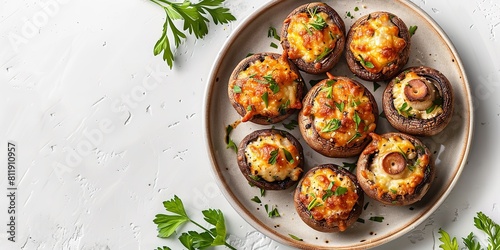 A top view and close shot of a plate of baked stuffed mushroom with cheese and herbs with a big space for text or product advertisement background, Generative AI.
