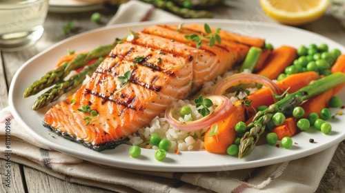 On a white platter  grilled salmon is accompanied with asparagus  peas  carrots  and spring onions