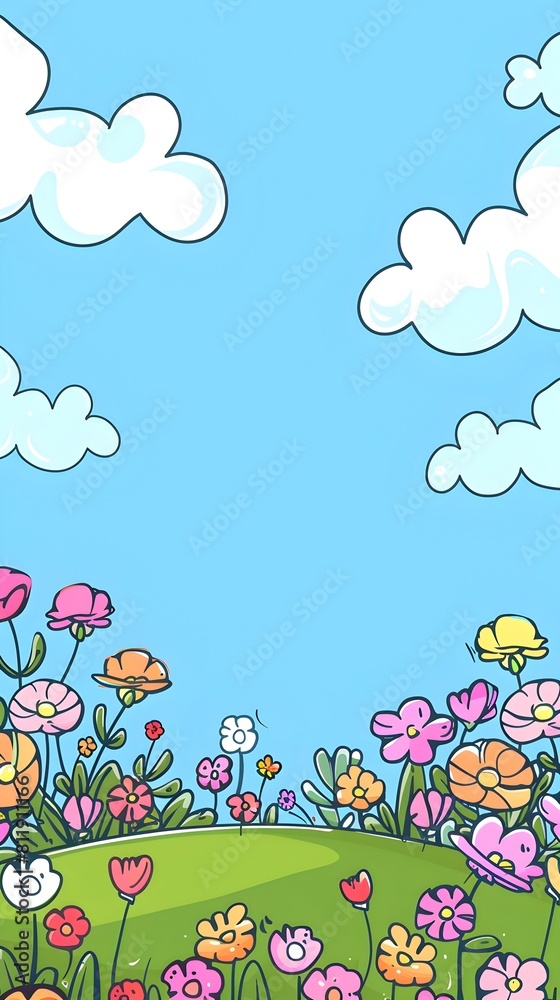 Cheerful Floral Meadow with Whimsical Cartoon Flowers in Springtime Landscape