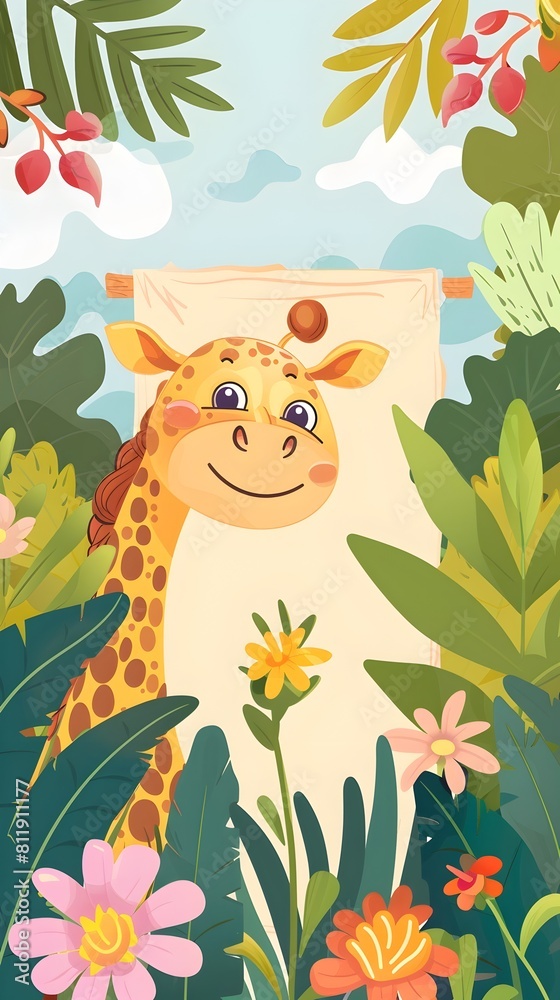 Fototapeta premium Cheerful Giraffe Enjoying Colorful Floral Jungle Landscape