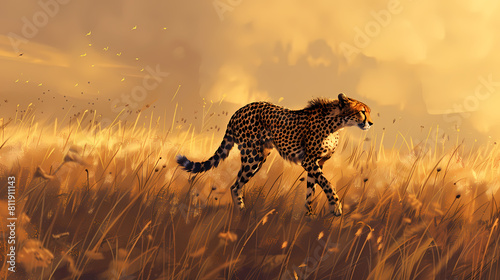 Cheetah stalking fro prey on savanna, digital art --ar 16:9 photo