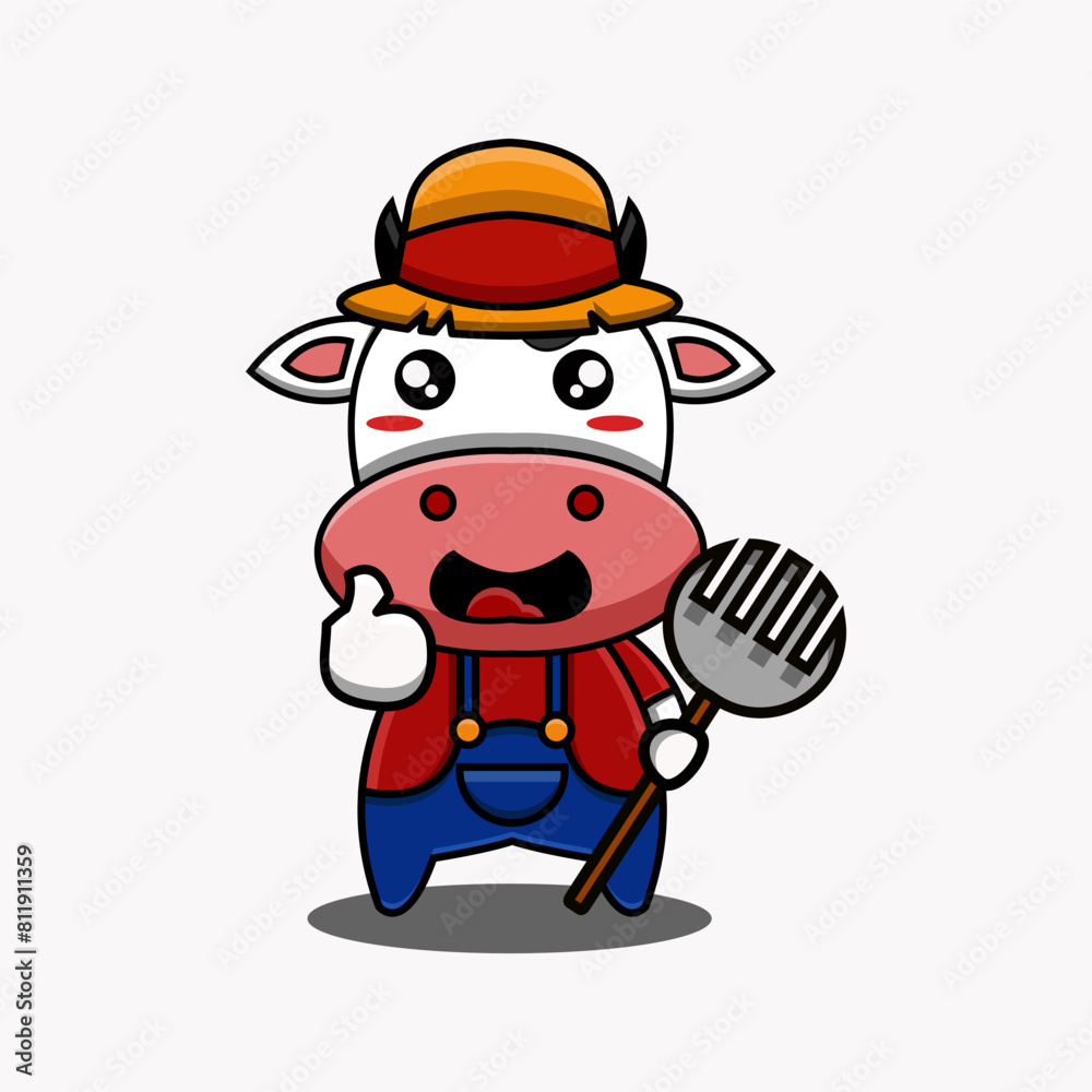 Fototapeta premium cute vector mascot illustration of a cow in a farmer's costume and carrying a fork