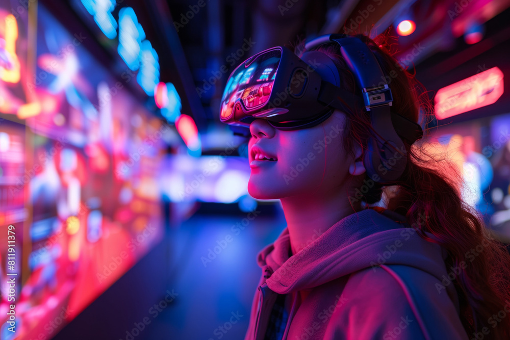 Young individual experiencing an interactive virtual reality game amidst neon arcade lights AI Generated. Young individual experiencing an interactive virtual reality game amidst neon arcade lights AI Generated.