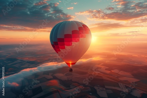 An enchanting hot air balloon ride at sunrise  with the golden glow over patchwork fields below. AI Generated