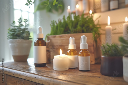 Essential oils  creams  and lit candles create a serene home spa atmosphere. AI Generated.