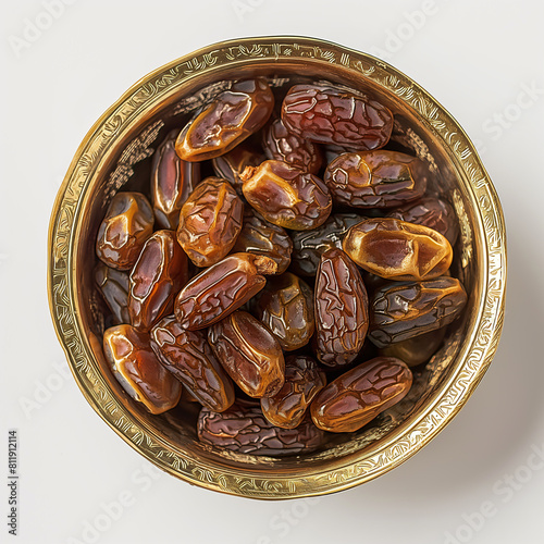 top view of arabic clay bowl of dates for Ramadan, rose gold theme, 60 degree angle camera white isolated background