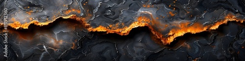 Dramatic Fractured Black Marble Texture with Fiery Orange Streaks and Banded Patterns photo