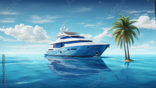 A large blue and white yacht is anchored in a tropical bay. 