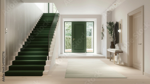 Contemporary entryway with a forest green staircase wide front door and pale hardwood flooring stretching to a tall ceiling Clean minimalist aesthetic