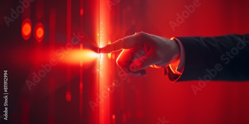 Finger pressing a button on a digital screen with red light