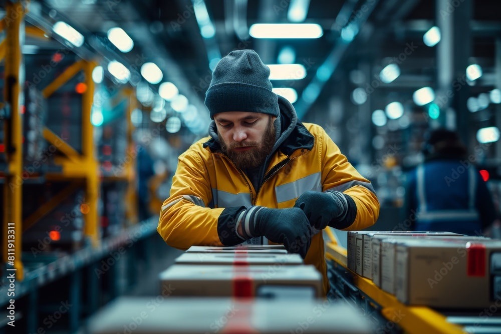 Man in Yellow Jacket and Black Hat Working on Conveyor Belt Man in Yellow Jacket and Black Hat Working on Conveyor Belt