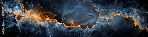 Dramatic Black Marble Textured Background with Fiery Fractal Patterns and Chaotic Geological Formations