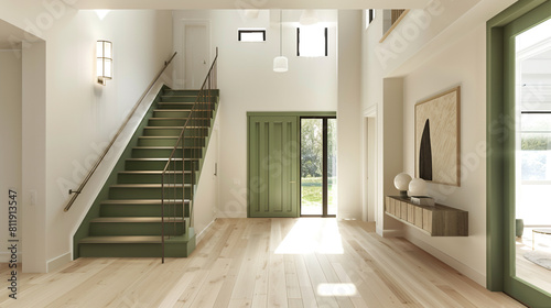 Contemporary entryway with a forest green staircase wide front door and pale hardwood flooring stretching to a tall ceiling Clean minimalist aesthetic