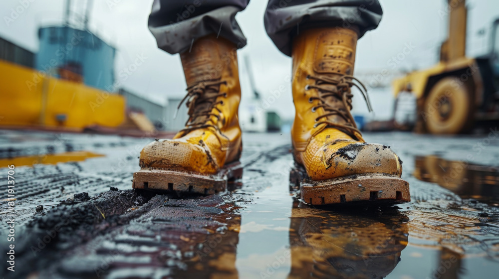Close-up view of worn and muddy work boots walking on an industrial construction site. Close-up view of worn and muddy work boots walking on an industrial construction site.