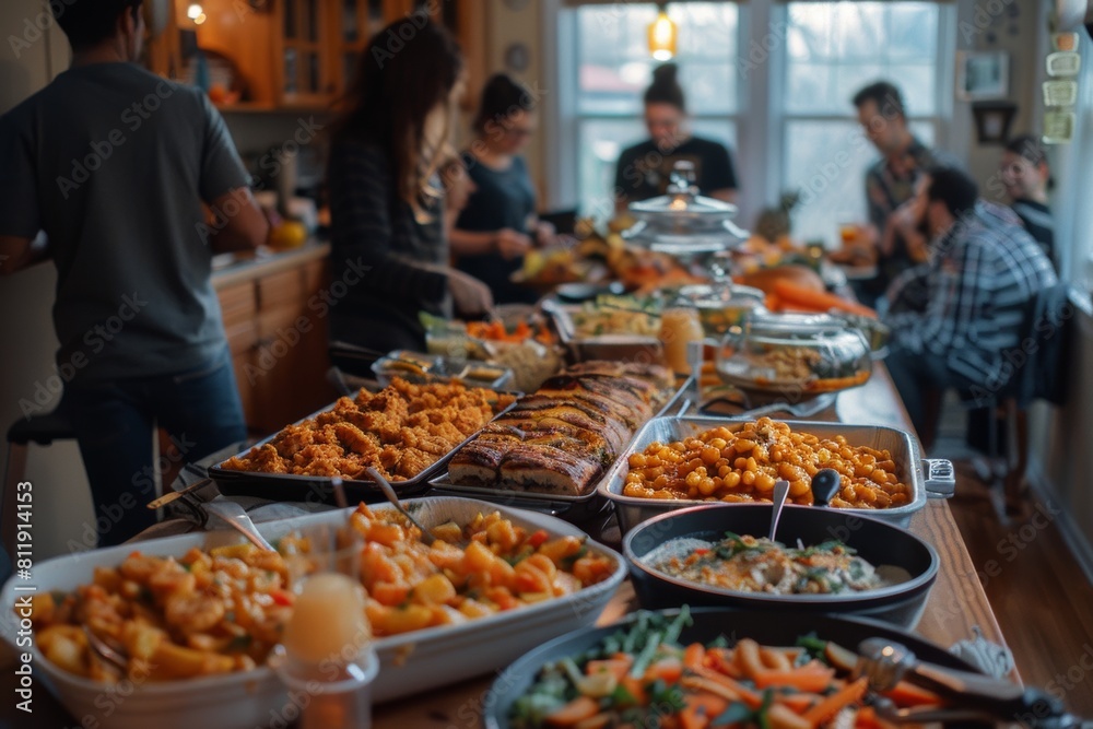 Abundant Potluck Spread on Long Table Abundant Potluck Spread on Long Table