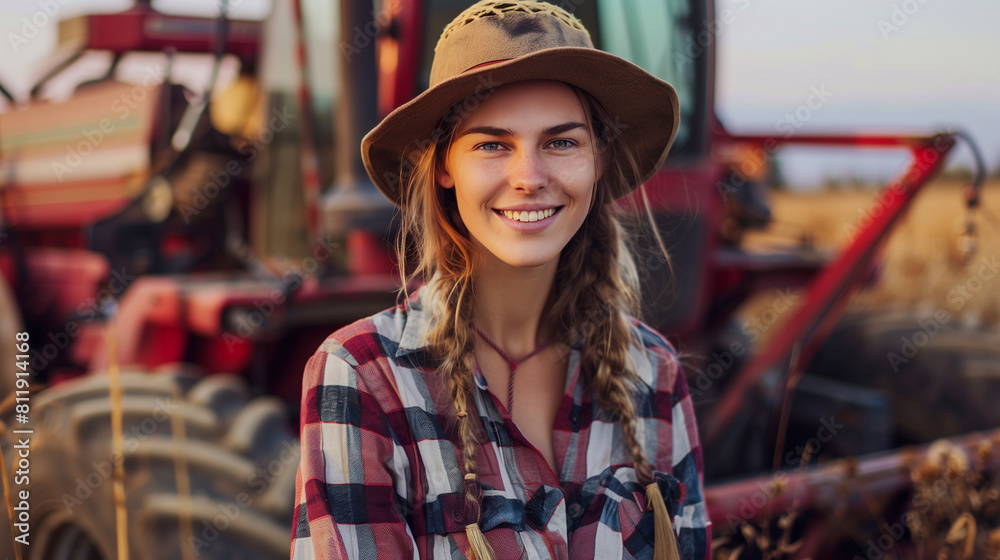 Woman Standing in Front of Tractor Woman Standing in Front of Tractor