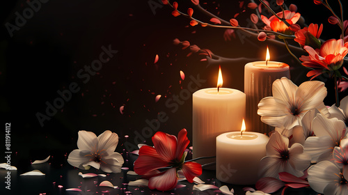 Flowers and candles for soul s day on a dark black gradient background --ar 16 9