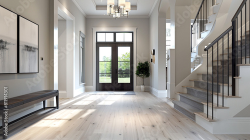 Direct frontal view as you enter through the front door featuring a slate grey staircase and broad light hardwood floors that reach towards the high ceiling Inviting entry view