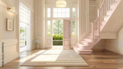 Elegant home entryway with a pastel pink staircase expansive front door and light hardwood flooring extending to a high ceiling Stylish graceful interior