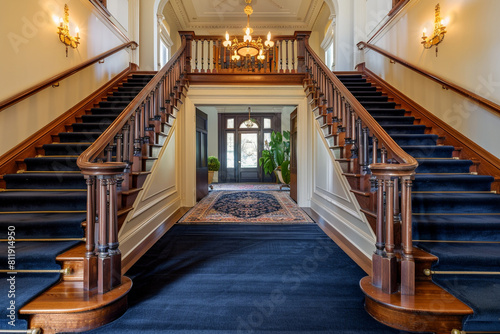 Elegant mansion entryway with navy carpeted stairs featuring a classic wood railing and a Persian rug landing Overhead a vintage chandelier casts a warm inviting light