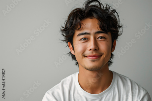Smiling asian man in white t-shirt against light grey minimalist blank background with copy space