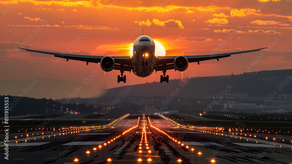 Jetliner Taking Off Over Runway at Sunset Jetliner Taking Off Over Runway at Sunset