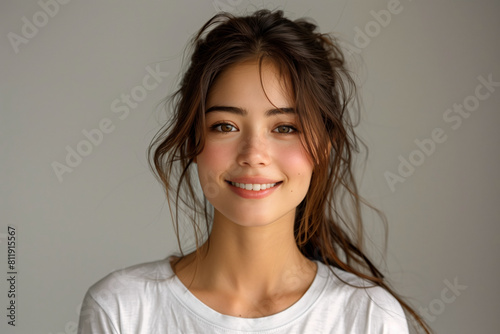 Smiling asian woman with long hair against light grey minimalist blank background with copy space