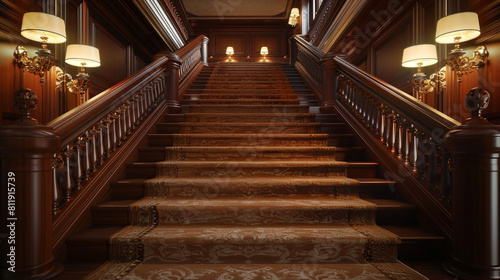 Grand entrance hall with cinnamon brown carpeted stairs detailed with rich wood railings and a heavy brocade runner Ornamental wall sconces provide warm ambient light