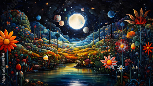 illustration of flowers moon lakeside scene in the expressionistic bold lines background poster decorative painting 