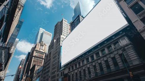 High-definition white billboard against a bustling city background  perfect for urban mockups.